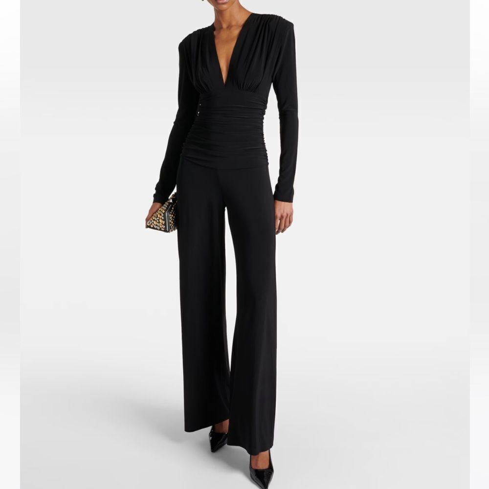 Norma Kamali V Neck Shirred Ruched Front Jersey Jumpsuit NWT